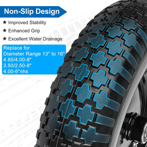 Close-up of 14.5 inch flat-free wheelbarrow tire with non-slip tread, designed for universal fit and multiple bearing sizes.