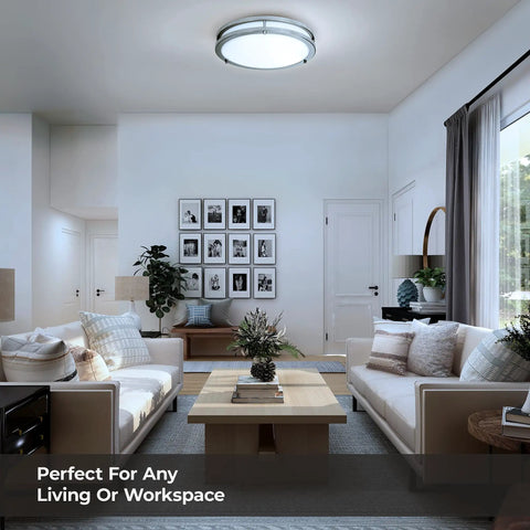 16 Inch LED Flush Mount Ceiling Light Dimmable 23W, 1610 Lumens, 5000K Bright Daylight installed in a modern living room