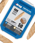 Kreg oak solid-wood pocket-hole plugs, 50-count, in blue storage case