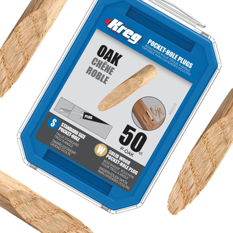 Kreg oak solid-wood pocket-hole plugs, 50-count, in blue storage case