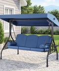 Three Seat Outdoor Porch Swing With Adjustable Canopy Converts To Bed, two-in-one patio swing and lounge with thick cushions, blue