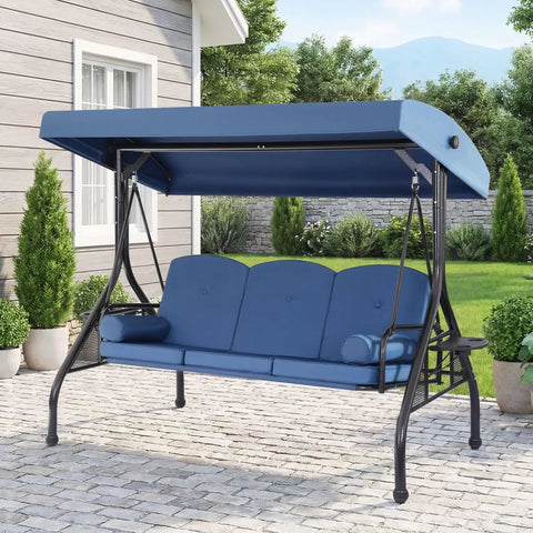Three Seat Outdoor Porch Swing With Adjustable Canopy Converts To Bed, two-in-one patio swing and lounge with thick cushions, blue