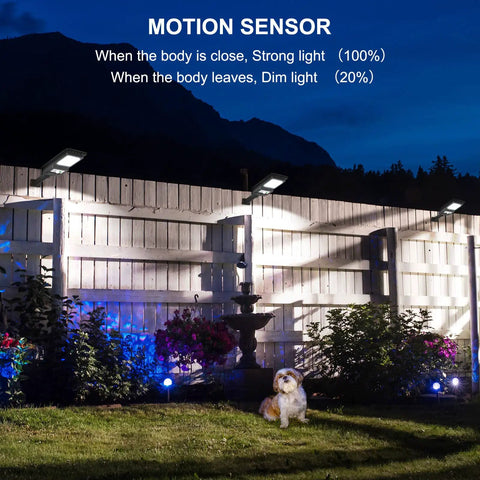 Solar Powered Motion Sensor Flood Light 1000LM 156 LEDs illuminating a yard with a fence, highlighting a dog and plants at night