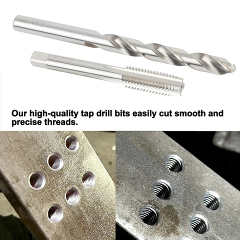 6 32 UNC Tap And No 36 Drill Bit Set For Metal Machining M2 HSS Tap Drill Kit showing tap and drill, threaded holes in metal