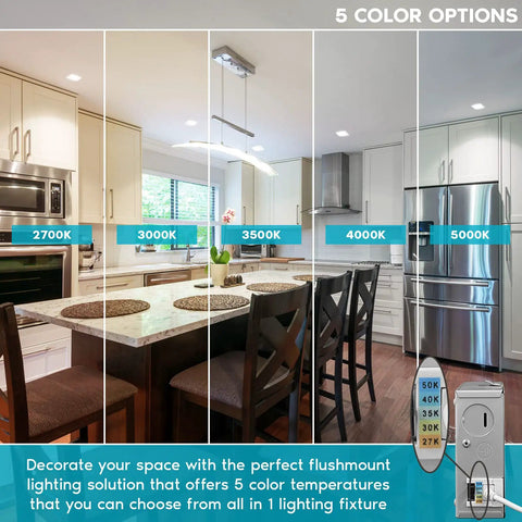 5 color temperature options in kitchen view using 4 Inch Ultra Thin Square LED Recessed Lights Pack Of 4, 12W Dimmable Downlights