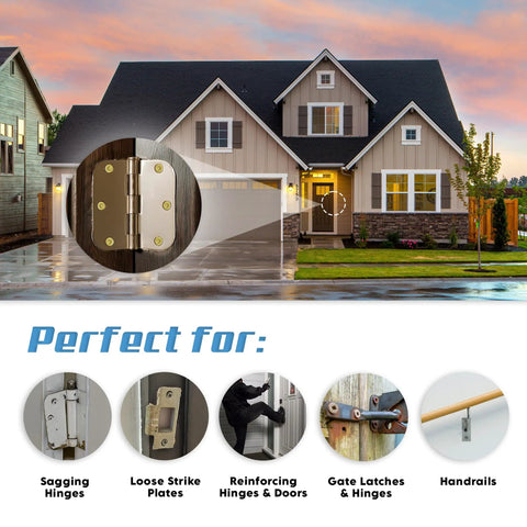 Image of a house with a focus on a door hinge, illustrating the Easy DIY Stripped Screw Hole Repair Kit use for sagging hinges.