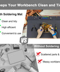Comparison of tidy workbench using Extra Large Soldering Mat With Wrist Strap versus messy workbench without mat