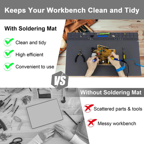 Comparison of tidy workbench using Extra Large Soldering Mat With Wrist Strap versus messy workbench without mat