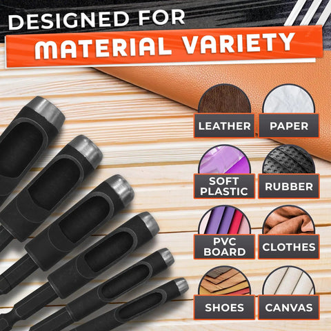 Hole Punch Kit For Leather Belts And Crafts Six Sizes Carbon Steel Punches designed for leather, paper, rubber, soft plastic