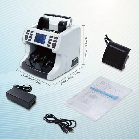 Bank Grade Mixed Denomination Money Counter With Counterfeit Detection Infrared Image UV MG IMG Sensors, power cable, and manual.