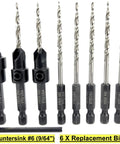 Three Piece Depth Adjustable Countersink Drill Bit Set For Wood With Six Replacement Tapered Bits In A Durable Storage Case
