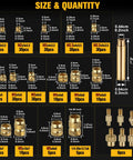 Image showing size and quantity of 300 Pcs Threaded Inserts Kit For Plastic And 3D Printing Includes Metric Sizes M2 M2.5 M3 M4 M5 M6 And Quarter Twenty Knurled Brass Heat Set Inserts With Welding Adapters In Labeled Divider Box