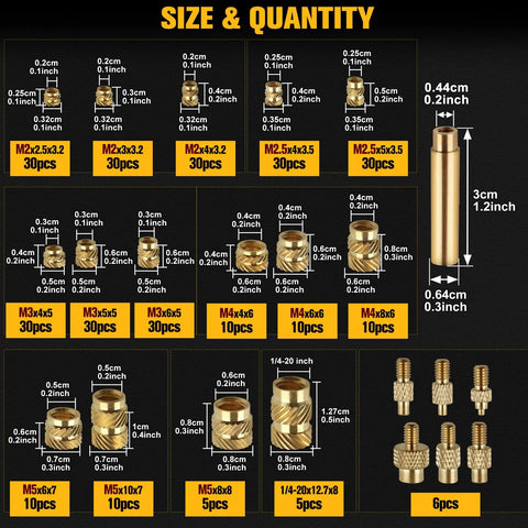 Image showing size and quantity of 300 Pcs Threaded Inserts Kit For Plastic And 3D Printing Includes Metric Sizes M2 M2.5 M3 M4 M5 M6 And Quarter Twenty Knurled Brass Heat Set Inserts With Welding Adapters In Labeled Divider Box
