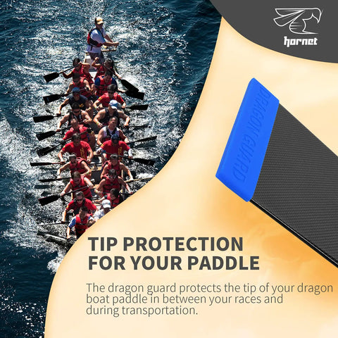 Paddle Tip Protector Silicone Guard For IDBF Approved Paddles in blue with dragon boat racing team on water.