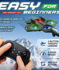 Hands using controller to fly Dope RC Stunt Plane For Kids And Adults With 3x Battery Life, LED Jet Fighter above snowy mountains.