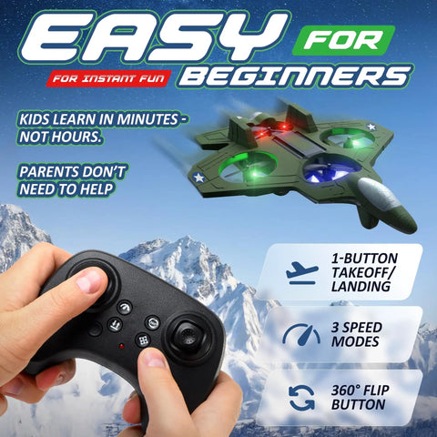 Hands using controller to fly Dope RC Stunt Plane For Kids And Adults With 3x Battery Life, LED Jet Fighter above snowy mountains.