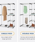 Double Rod Freestanding Closet Organizer with Single and Double Rod Options for Clothes, Shoes, and Accessories in Silver Steel Rack