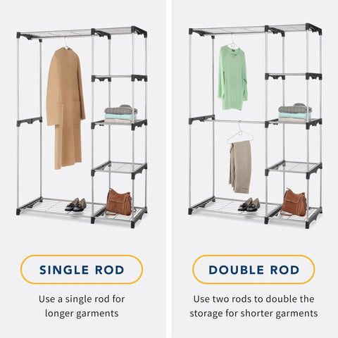 Double Rod Freestanding Closet Organizer with Single and Double Rod Options for Clothes, Shoes, and Accessories in Silver Steel Rack