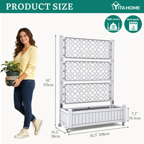 All Weather Raised Garden Bed With Trellis And Privacy Screen On Wheels, product dimensions illustration with person for scale.