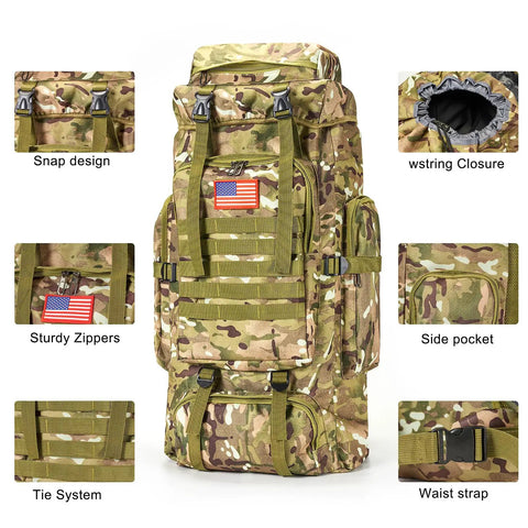 Survival Gear Pro Kit With 70L Large Camping Backpack And 38 Piece First Aid Survival Set For Outdoor Adventure Hiking Trekking Fishing All In One Camping Essentials In Camo showing backpack features