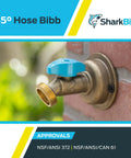 Straight Up Heavy Duty Brass Push To Connect Hose Bibb With Quarter Turn Shut Off Valve And 45 Degree Anti Kink Angle For Easy Peasy Pex Pipe Hookup And Reliable Outdoor Water Access on a brick wall.