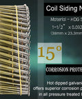 1-1/2 Inch Hot-Dipped Galvanized 15 Degree Collated Wire Coil Siding Nails Full Round Head Ring Shank 0.092 Inch For Rough Nailing Lathing And Sheathing 1600 Count with corrosion protection info