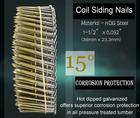 1-1/2 Inch Hot-Dipped Galvanized 15 Degree Collated Wire Coil Siding Nails Full Round Head Ring Shank 0.092 Inch For Rough Nailing Lathing And Sheathing 1600 Count with corrosion protection info