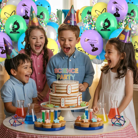 Science Party Balloons Set 12 Inch Confetti Balloons With Atoms And Microscopes Prints In Gray Blue Yellow Green Purple For Boys Birthday Party Baby Shower And Classroom Decor Includes White Ribbon 30 Pieces That Look Totally Cool at kids' birthday party with cake and decorations.