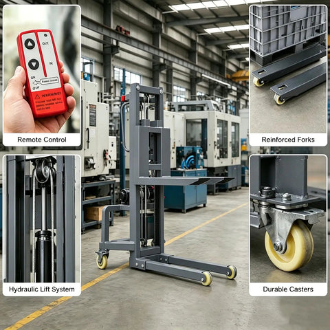Handy Electric Pallet Stacker With Winch Lifts 600 Lbs Heavy Gear, features remote control, hydraulic lift system, and durable casters.
