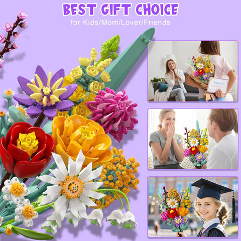 Epic Flower Bouquet Building Set With 1070 Pieces DIY Botanical Blocks For Home And Office Decor, Gift For Adults And Kids Ages 8 Plus Great Gift For Birthday And Valentine's Day Or Graduation Celebrations For Craft Lovers. colorful block bouquet with assorted flowers