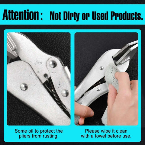 10 Inch Locking Pliers Sheet Metal Clamp being cleaned with a towel, close-up of durable jaws and oil application for rust prevention