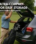 Three Wheel Golf Push Cart With Rock Solid Stability On Any Terrain Heavy Duty Stabilizer Rods Smooth Push And One Touch Braking For Effortless Control On Hills And Rough Fairways Black And Blue folded in SUV trunk with golf bag