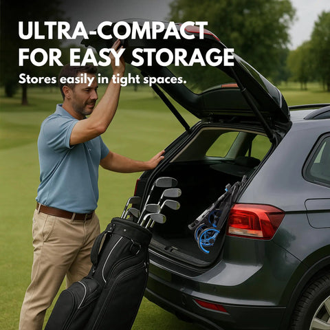 Three Wheel Golf Push Cart With Rock Solid Stability On Any Terrain Heavy Duty Stabilizer Rods Smooth Push And One Touch Braking For Effortless Control On Hills And Rough Fairways Black And Blue folded in SUV trunk with golf bag