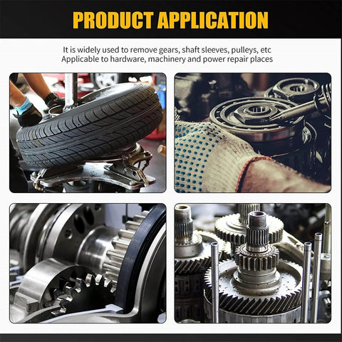 Heavy Duty Shop Beast 20 Ton Hydraulic Gear Puller Kit application images showing gear removal and machinery tasks.