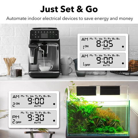 Indoor Digital Timer Outlet With Dual Grounded Outlets No Fuss Setup 7 Day Programmable Light Switch 3 Prong Plug In Timers For Lamps Fans And More 8 On Off Programs ETL Listed 15A 1875W 1 Pack