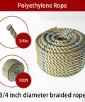 Heavy Duty Three Quarters Inch Polyethylene Rope 100 Feet 3 Strand For Indoor And Outdoor Use Go To Camping Swing Setups Tying Gear Drying Racks Brown