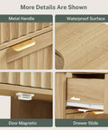 Kick Up Your Bathroom Style With This Slick Fluted Pedestal Sink Cabinet Featuring Two Doors And A Bottom Drawer In Natural Oak U Shape Cutout For Dope Space Saving Vibes, showing metal handle, waterproof surface, magnetic door, and drawer slide.