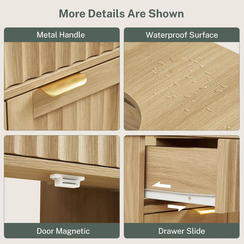 Kick Up Your Bathroom Style With This Slick Fluted Pedestal Sink Cabinet Featuring Two Doors And A Bottom Drawer In Natural Oak U Shape Cutout For Dope Space Saving Vibes, showing metal handle, waterproof surface, magnetic door, and drawer slide.