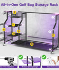 All-In-One Golf Bag Storage Organizer On Wheels, 3-Tier Stand For Home Garage Club Shed Or Basement, assembly guide features