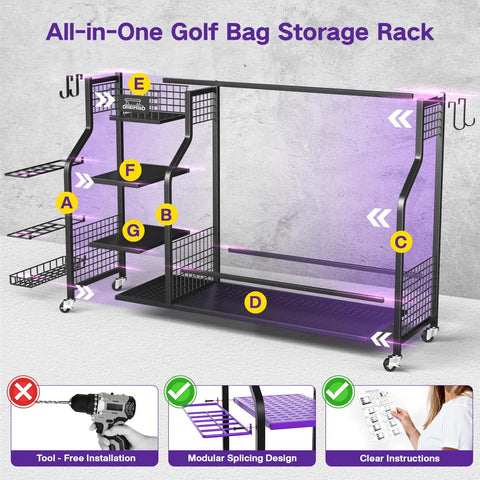 All-In-One Golf Bag Storage Organizer On Wheels, 3-Tier Stand For Home Garage Club Shed Or Basement, assembly guide features