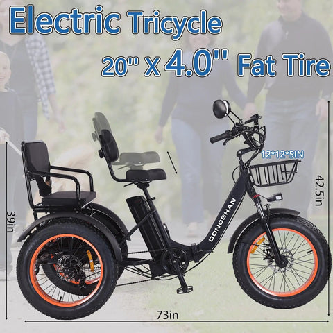 Foldable Fat Tire Electric Tricycle For Adults With 20x4.0 Fat Tires, 750W Motor, 48V 15Ah Removable Battery, Aluminum Frame, 3 Wheel Ebike, All Terrain Ready, 7 Speed, Built For Comfort On Sand Snow And City Streets, side view with dimensions