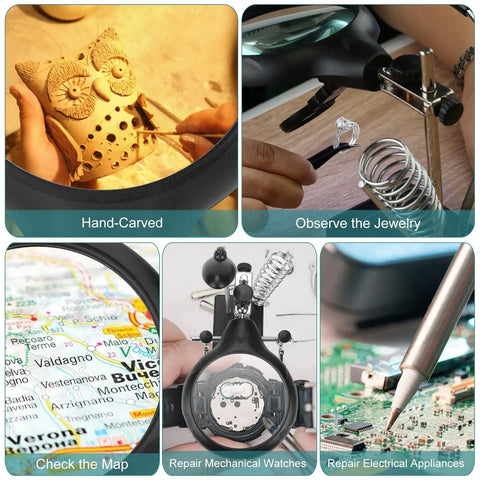 Collage showing Soldering Station With Magnifier Light 2.5X 7.5X 10X in use for crafting, jewelry, maps, watches, and electronics.