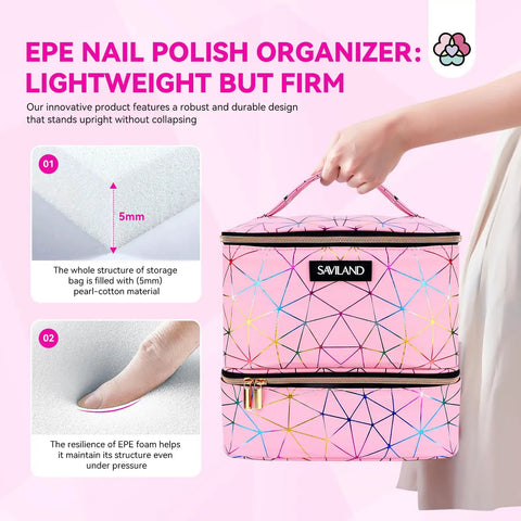 Holographic Pink Nail Polish Organizer Bag For 30 Bottles And UV Lamp Portable PU Leather Nail Tech Carrying Case