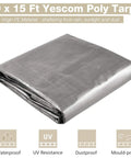 10 x 15 Ft Yescom silver poly tarp folded, shows waterproof, UV resistance, dustproof, mould-proof features on packaging