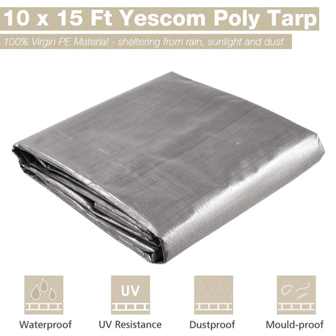 10 x 15 Ft Yescom silver poly tarp folded, shows waterproof, UV resistance, dustproof, mould-proof features on packaging