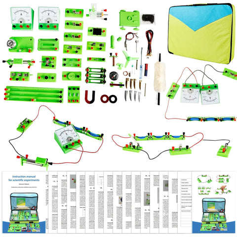 Awesome Hands On Electricity And Magnetism Science Kit For Kids And Students Basic Circuit Learning Starter STEM Set Elementary Electronics Labs Fun Educational Toy For Home And Classrooms Portable Bag Included showing 74 component pieces with canvas bag.