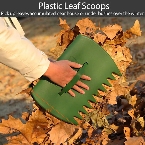 Plastic leaf scoops picking up leaves, part of the Adjustable Leaf Rake With 32 Gallon Yard Waste Bag And Leaf Scoops kit.