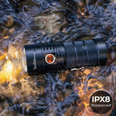 SP36 Pro Rechargeable LED Flashlight 8000 Lumens, 4X SST40 6500K, Anduril UI2, IPX8 Waterproof in water