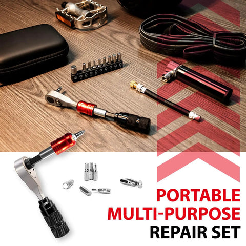 All In One Bike Repair Tool Kit With Mini Pump, Ratchet Wrench, 10 Magnetic Bits, Tire Levers And Carry Bag for easy bike repairs
