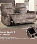 Dual Manual Recliner Loveseat Sofa With Center Console And Hidden Storage, Cup Holders, Vintage Rivet Mid Century Design, 2 Seater Couch For Living Room Or Meeting Space, Cozy Brown Finish with recliners extended and open console